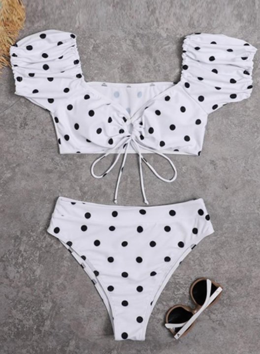 Women's Bikinis Knot Off Shoulder Solid Polka Dot Short Sleeve Unadjustable Mid Waist Two-piece Bikini Sets