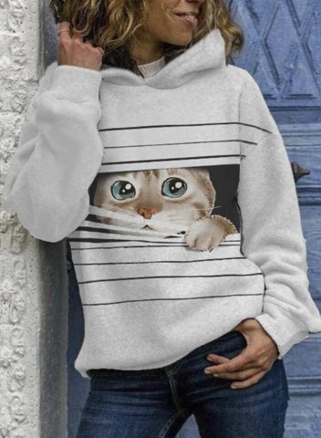 Women's Hoodies Cat Animal Print Striped Long Sleeve Casual Hoodie