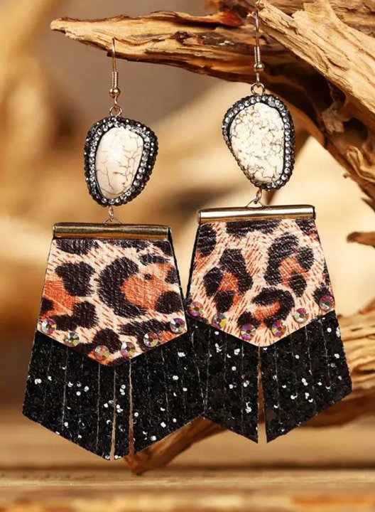 Women's Earrings Leopard Long Leather Diamonds Earrings