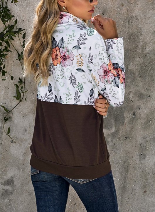 Color Block Long Sleeve High Neck Floral Sweatshirt