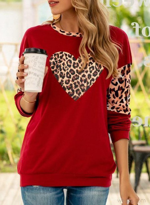 Women's Leopard Heart Sweatshirts Long Sleeve Round Neck Casual Sweatshirt