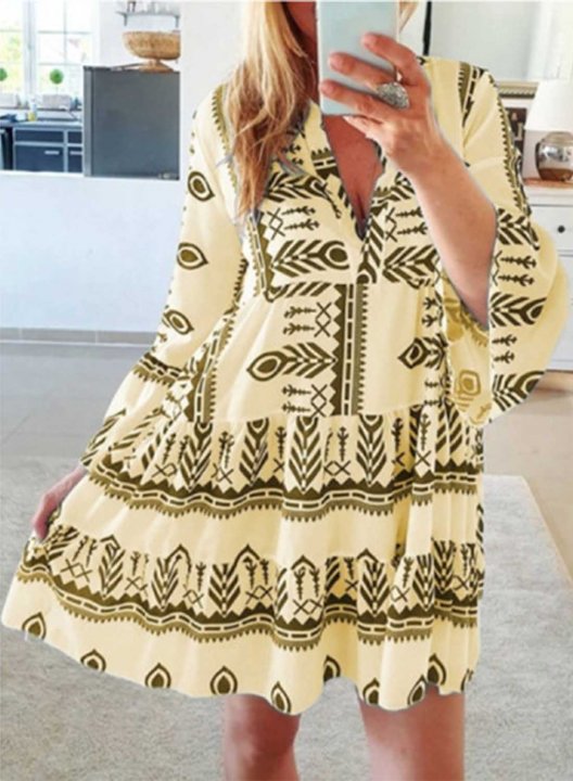 Women's Mini Dresses A-line Geometric Tribal Long Sleeve V Neck Daily Boho Mini Dress