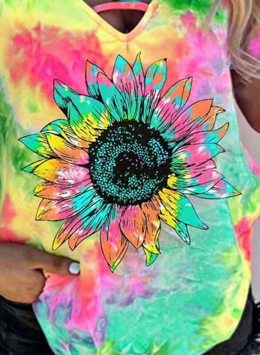 Women's T-shirts Tiedye Sunflower Print Short Sleeve V Neck Daily T-shirt