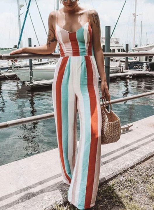 Women's Jumpsuits Straight Striped High Waist Daily Full Length Casual Open-back Knot Jumpsuits