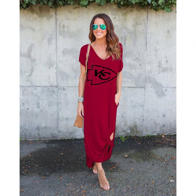 V-neck Kansas City Chiefs Print Short Sleeve Loose Long Dress