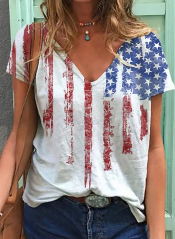 Women's American Flag T-shirts Short Sleeve V Neck Daily T-shirt