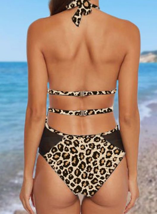 Women's One Piece Swimwear Color Block Leopard Mesh Sheer Cut Out Halter One-Piece Swimsuit