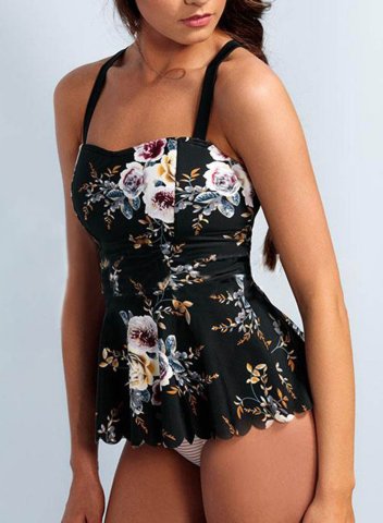 Women's Tankini Sets Criss Cross Ruffle Floral Striped Mid Waist Spaghetti Beach Tankini Sets