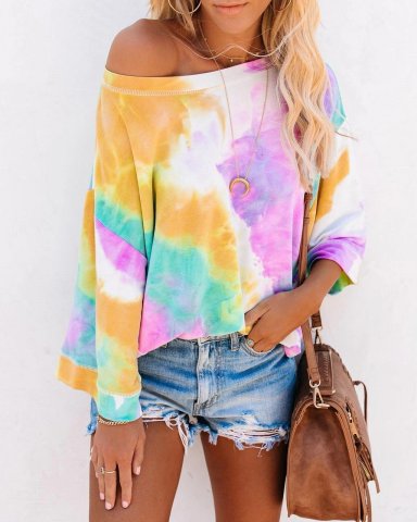 Women's Tie Dye Off Shoulder Color Block 3/4 Sleeve Round Neck Sweatshirt