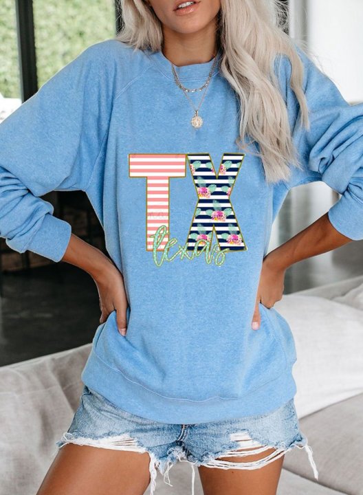 Women's Texas independence day Sweatshirts Floral Letter Print Long Sleeve Round Neck Casual Sweatshirt