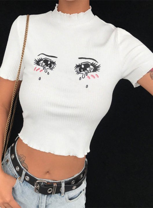 Women's T-shirts Portrait Cropped Solid Embroidery High Neck Short Sleeve Daily Casual T-shirts