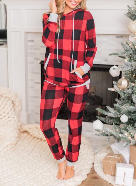 Red Plaid Pocket Long Sleeve Hoodie