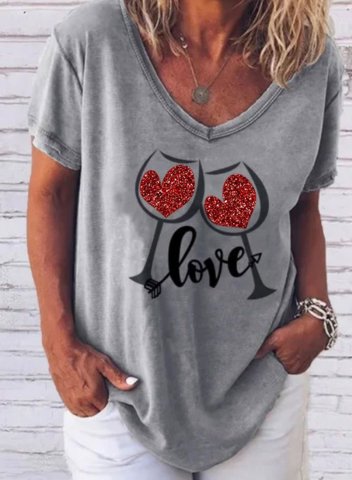 Women's T-shirts Love Heart Wine Glass Print V Neck Short Sleeve Pocket Daily Casual T-shirts