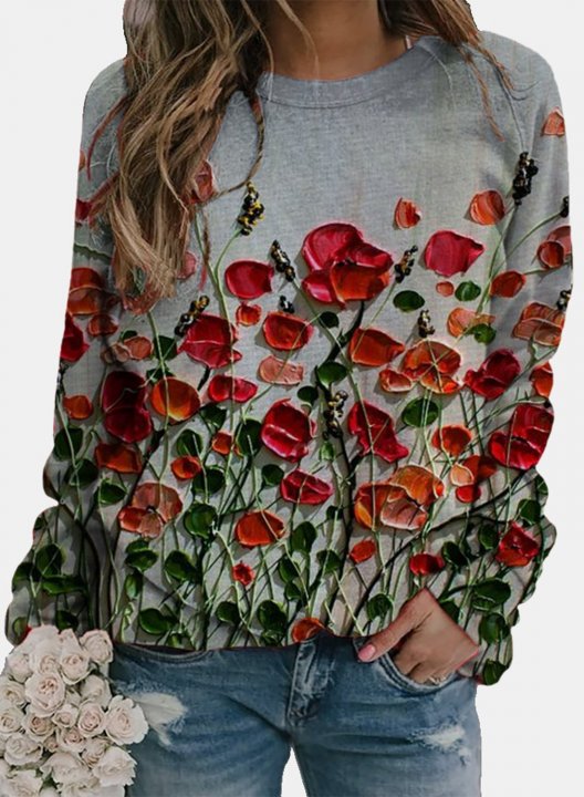 Women's T-shirts Floral Round Neck Long Sleeve Casual Daily T-shirts