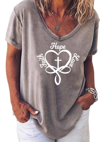 Women's T-shirts Letter Faith Hope Love Heart-shaped V Neck Short Sleeve Daily T-shirts
