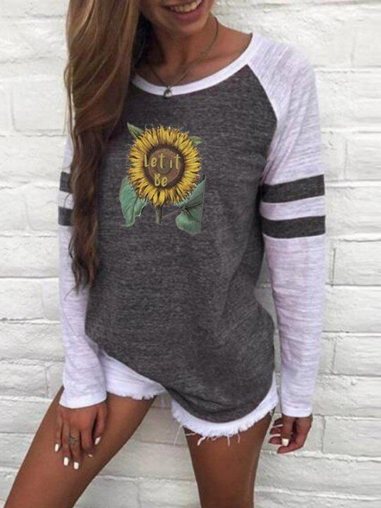 Women Let It Be Sunflower Long Sleeve T-Shirt Round Neck Acrylic Floral Shirts & Tops