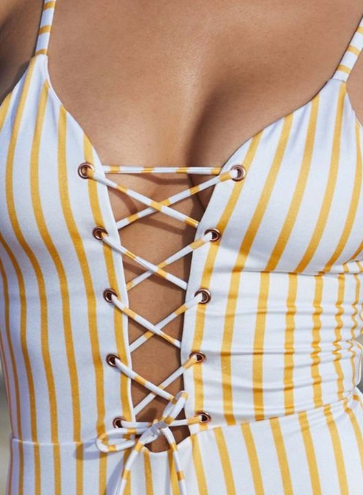 Women's One Piece Swimwear Criss Cross Knot Drawstring Striped V Neck One-Piece Swimsuit