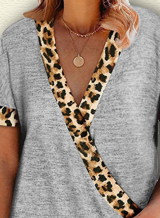 Women's T-shirts Leopard Color Block Print Short Sleeve V Neck Daily T-shirt