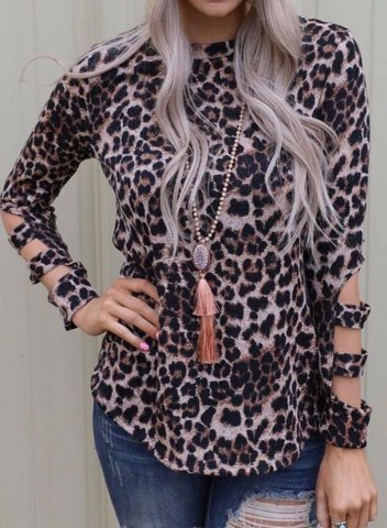 Women Leopard Long Sleeve Cut Out Shirt