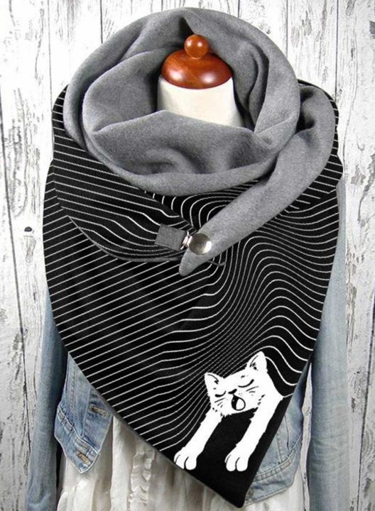 Women's Scarf Cat Print Striped Cotton Casual Warm Scarf