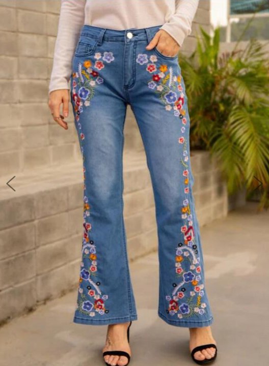 Women's Jeans Flare Floral Mid Waist Embroidery Full Length Casual Jeans