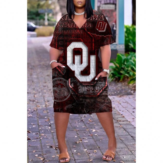 NCAAF Women's Oklahoma Sooners Printed V-neck Casual Pocket Dress