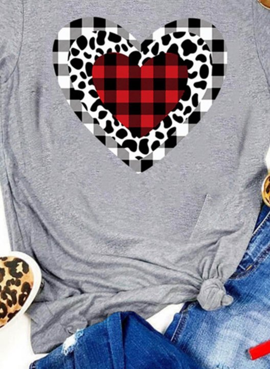 Women's T-Shirt Casual Plaid Leopard Heart-shaped Solid Round Neck Short Sleeve Daily T-shirts