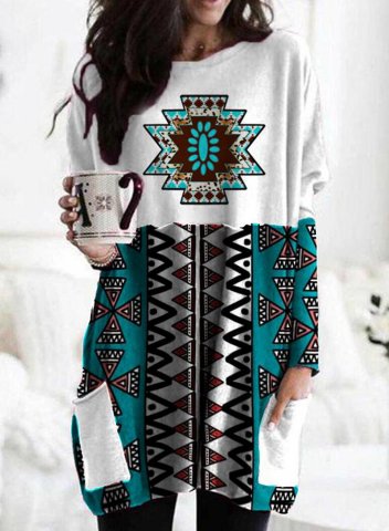 Women's Tunic Tops Color Block Geometric Tribal Round Neck Long Sleeve Pocket Casual Daily Tunics