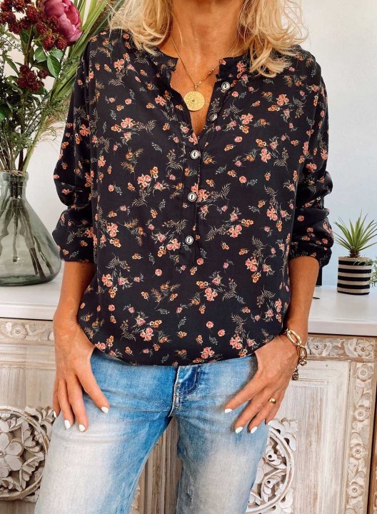 Women's Floral Print Blouses Retro Style Long Sleeve V Neck Casual Button Tops