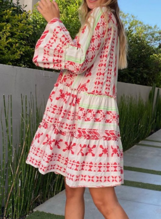 Women's Mini Dresses A-line Geometric Tribal Long Sleeve V Neck Daily Boho Mini Dress