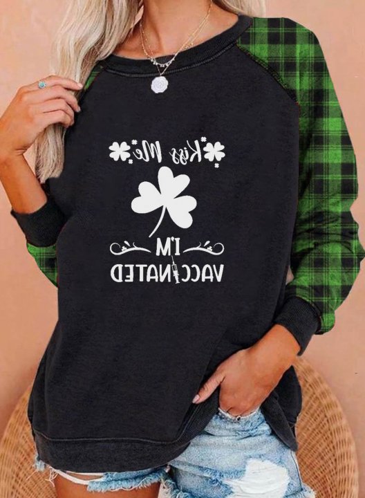 Women's St Patrick's Day Sweatshirts Plaid Shamrock Funny Kiss Me I'm Vaccinated St Patrick's Day Gift Sweatshirt