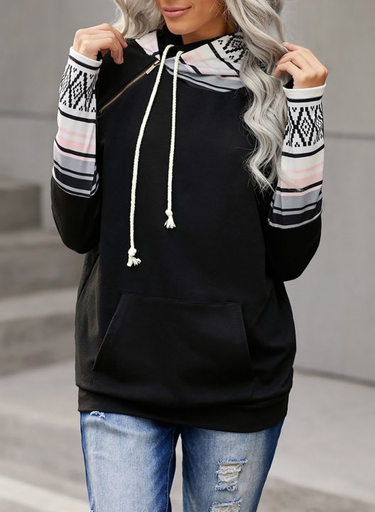 Long Sleeve Color Block Casual Hoodie