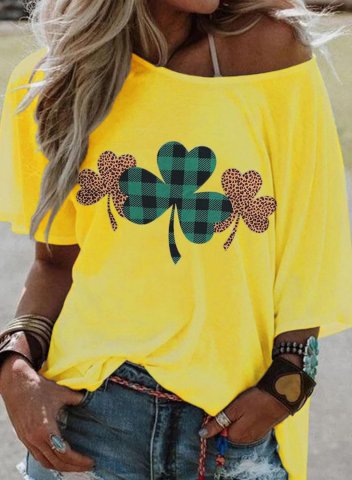 Women's T-shirts Leopard St Patrick's Day Shamrock Print Short Sleeve One-shoulder T-shirt