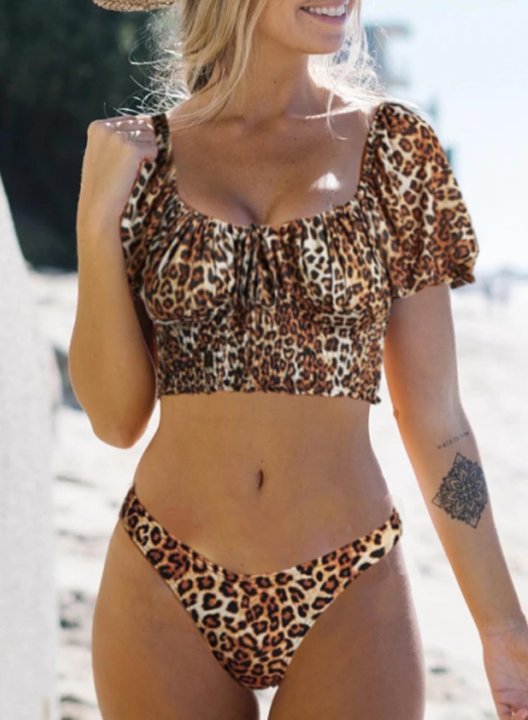 Women's Tankini Set Leopard Padded Knot Mid Waist Sweetheart Neck Short Sleeve Tankini Set