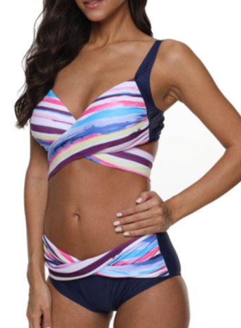 Women's Bikinis Striped Multicolor Low Rise Sleeveless V Neck Padded Unadjustable Wire-free Criss Cross Casual Vacation Bikini Suit