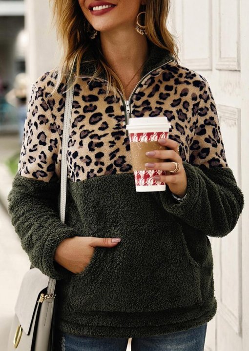 Leopard Splicing Plush Warm Sweatshirt - Army Green