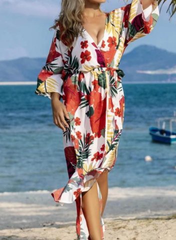 Women's Cover-ups Fruits & Plants V Neck Long Sleeve Open Front Drawstring Vacation Beach Vintage Cover-ups