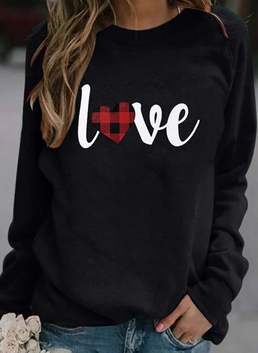 Women's Sweatshirt Letter Love Plaid Heart Print Long Sleeve Round Neck Sweatshirt