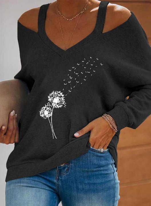 Women's Dandelion Sweatshirts V Neck Cold Shoulder Long Sleeve Dandelion Solid Sweatshirts