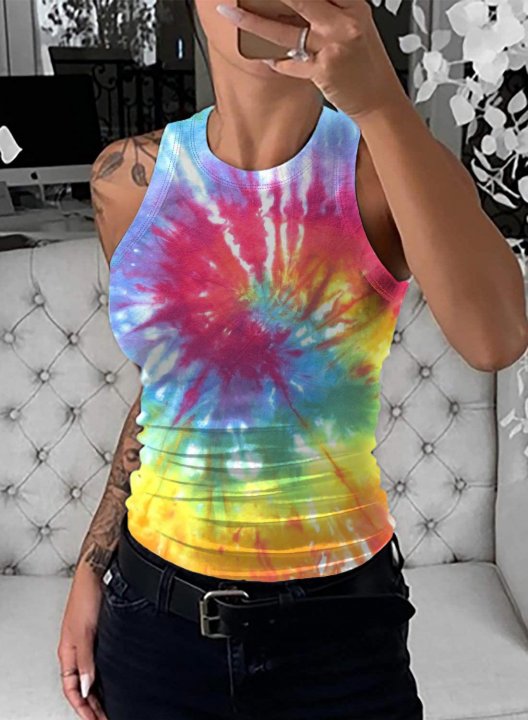 Women's Tank Tops Multicolor Tie Dye Summer Sleeveless Round Neck Casual Tops