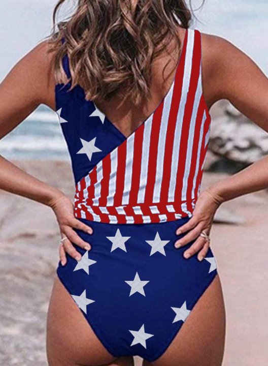 Women's One Piece Swimwear Color Block American Flag 4th Of July V Neck Criss Cross One-Piece Swimsuit