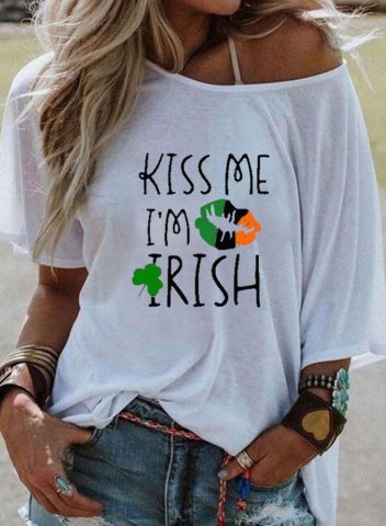 Women's St Patrick's Day T-shirts Letter Kiss Me I'm Irish Lips Shamrock Print Short Sleeve Cold Shoulder Daily T-shirt