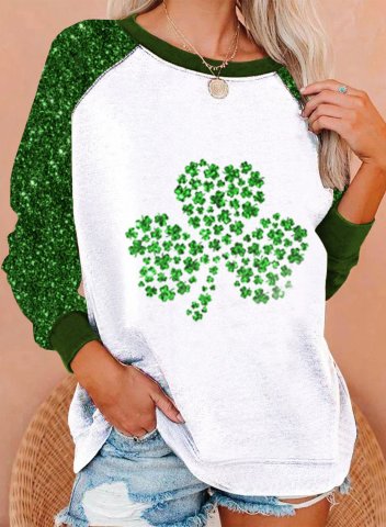 Women's St Patrick's Day Sweatshirt Sequin Shamrock Solid Round Neck Long Sleeve Daily Casual Pullover