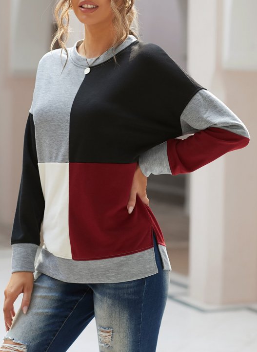 Color Block Round Neck Long Sleeves Sweatshirt