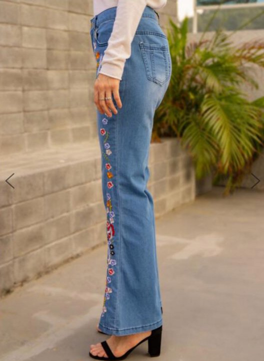 Women's Jeans Flare Floral Mid Waist Embroidery Full Length Casual Jeans