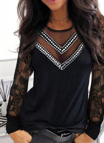 Women's T-shirts Solid Sequin Lace Long Sleeve V Neck T-shirt