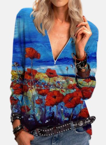 Women's Pullovers Floral Color-block Long Sleeve V Neck Daily Pullover