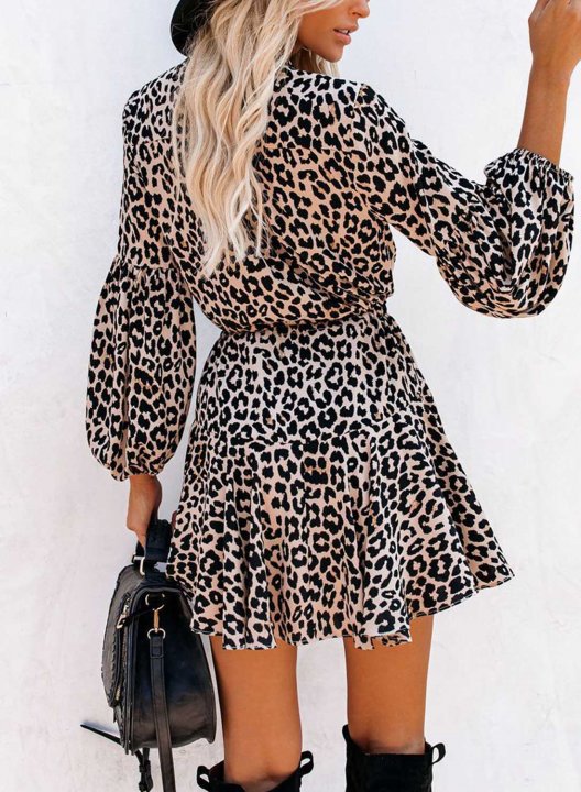 Women's Mini Dresses Leopard Long Sleeve Fit Flare Drawstring V Neck Date Elegant Dress