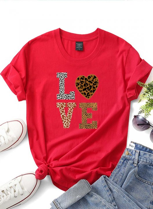 Women's T-shirts Solid Leopard Letter Short Sleeve Round Neck Daily T-shirt