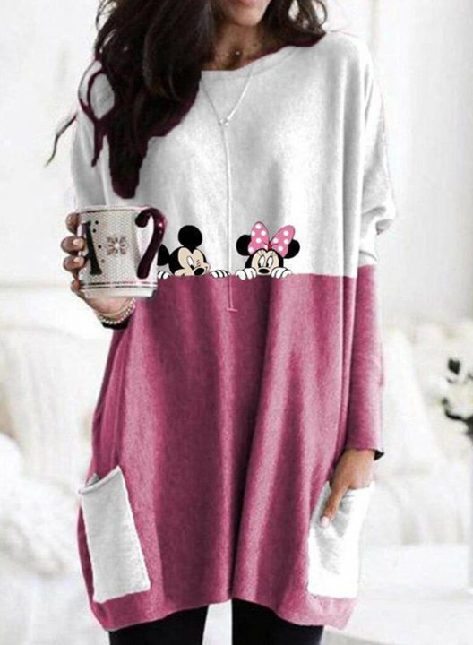 Women's Color Block Minnie&Mickey Mouse Print Tunic Tops Long Sleeve Round Neck Tunic Sweatshirt